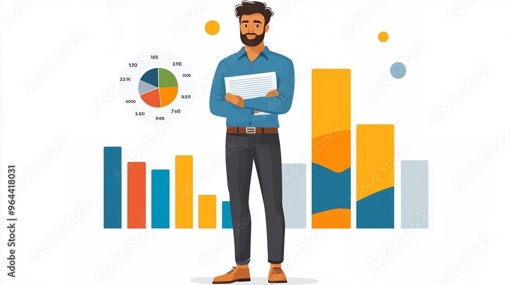 Poster professional man holding documents in office with data charts and graphs background