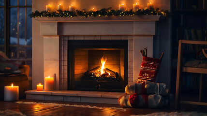 a cozy fireplace with stockings hanging, a glowing fire, and soft bokeh lights in the background, symbolizing warmth and festivity.