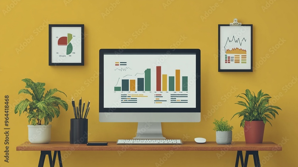 Poster modern workspace with computer and analytics charts on yellow wall