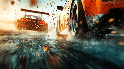 Adrenaline Drift: Two Modified Cars Racing through Japanese Touge with Vibrant Colors and Intense Motion Blur