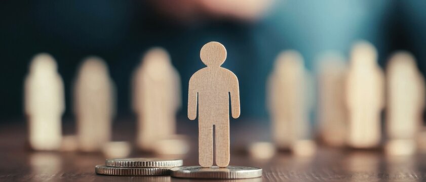 Concept of economy and individuality represented by wooden figures and coins, showcasing financial growth and personal value.
