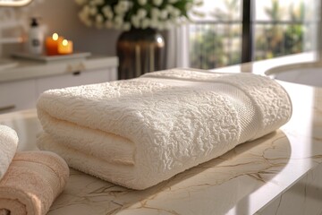 Towel with Subtle Texture Resting Elegantly on White Surface Exemplifying Simplicity