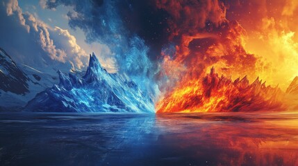 Fire and ice blend together in a dramatic scene, symbolizing the balance of extremes: hot and cold, peace and conflict, with space for messaging.