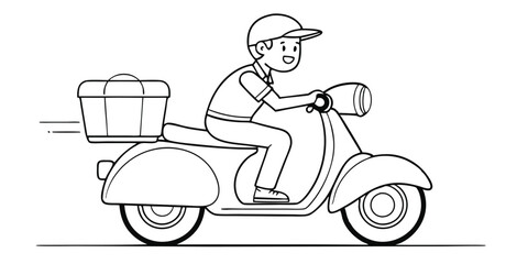 Delivery man riding scooter illustration black and white