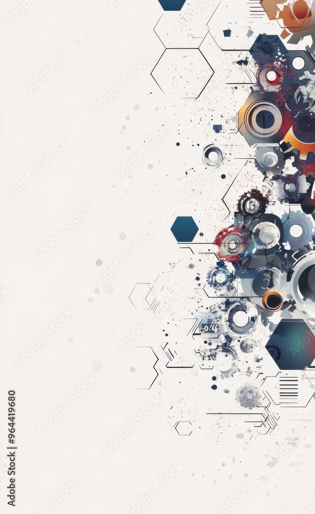 Poster abstract futuristic technology background with gears and hexagonal shapes on a light gray backdrop
