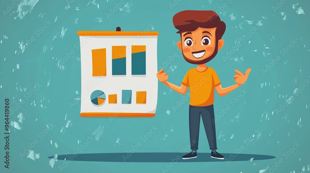 Poster Cartoon Character Explaining Statistical Graph Presentation with Enthusiasm