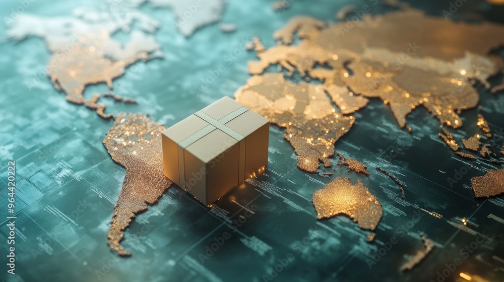 Aufkleber global delivery concept with a package on a world map, highlighting the use of technology to increas
