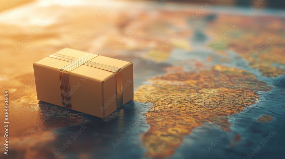 Aufkleber global delivery concept with a package on a world map, highlighting the use of technology to increas