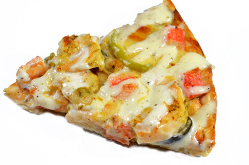 Sea ranch pizza with shrimp, crab pieces, ranch sauce, slices of peppers, black olives and mozzarella, Italian and American cuisine background, fast junk food concept, delicious baked fresh pizza