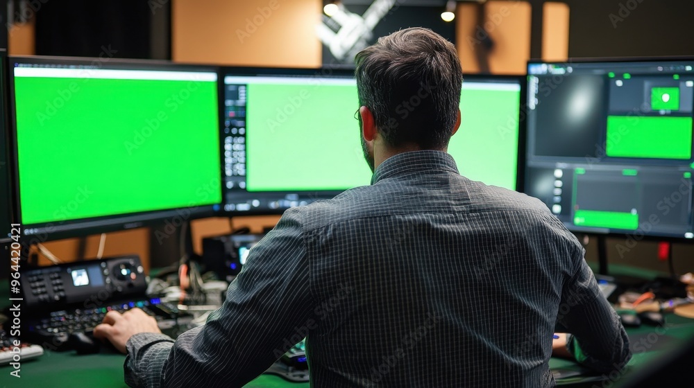 Poster editing suite with multiple monitors showing green screen footage being transformed into a final pro
