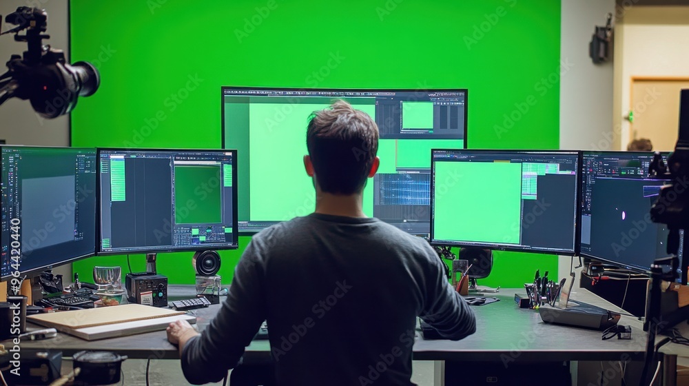 Aufkleber editing suite with multiple monitors showing green screen footage being transformed into a final pro