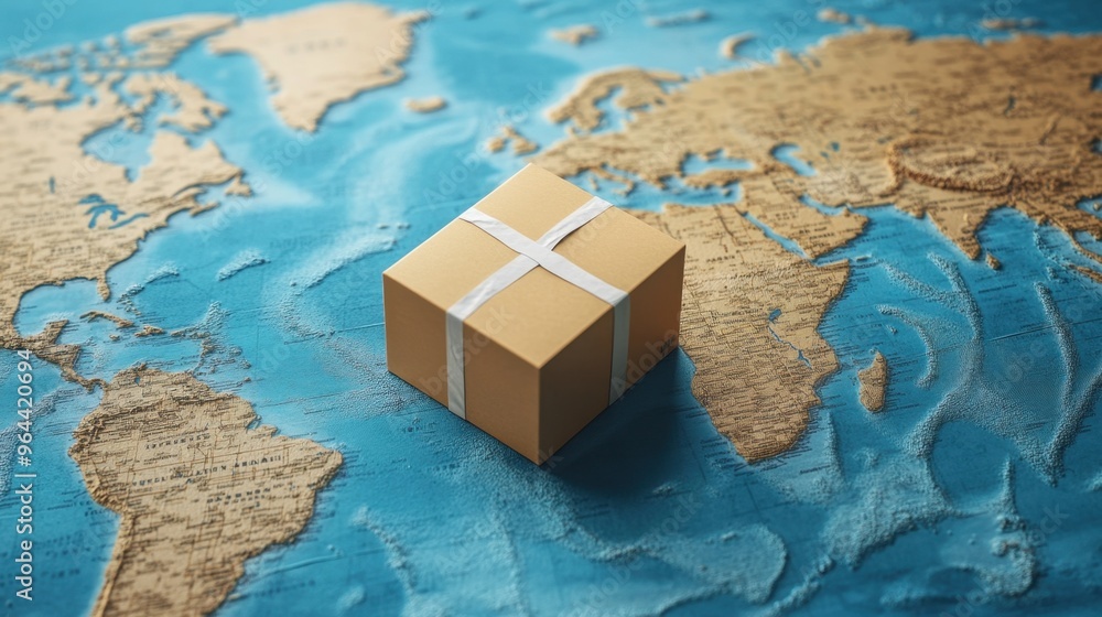 Aufkleber efficient product delivery concept with a package on a world map, illustrating how technology speeds