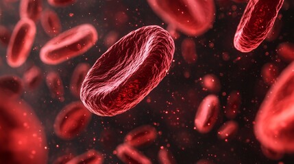 Fototapeta premium Detailed view of red blood cells floating against a dark background, representing medical science, biology, and human circulatory system.