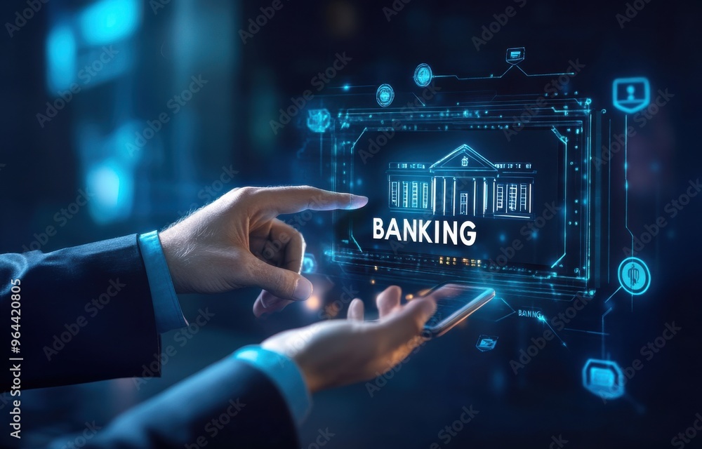 Poster businessman interacts with a virtual banking interface using touch screen technology for innovative 