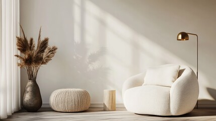 Minimalist Living Room Interior Design with White Armchair and Natural Elements