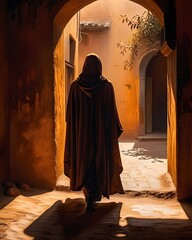 Ilustration of a woman in a flowing cloak strides through a narrow alley of an ancient village