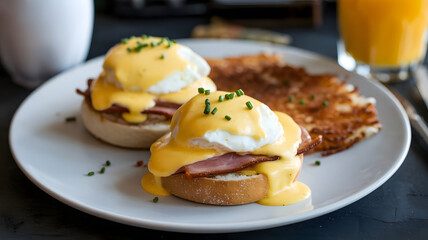 Eggs Benedict with poached eggs, Canadian bacon and hollandaise sauce on a toasted English muffin topped with chives and served with a side of home fries.