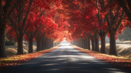Obraz premium A peaceful road lined with trees covered in vibrant red autumn leaves, creating a tunnel of fall colors leading into the distance.