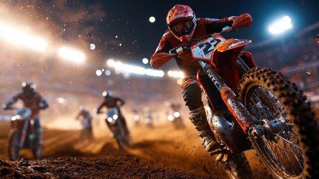 Thrilling Supercross Night Race: Red Dirtbike Leading the Pack in Dynamic Action under Intense Floodlights
