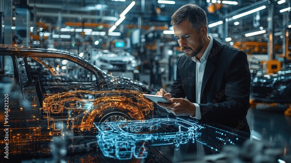 Poster in a contemporary manufacturing facility, an engineer is focused on designing advanced automotive te
