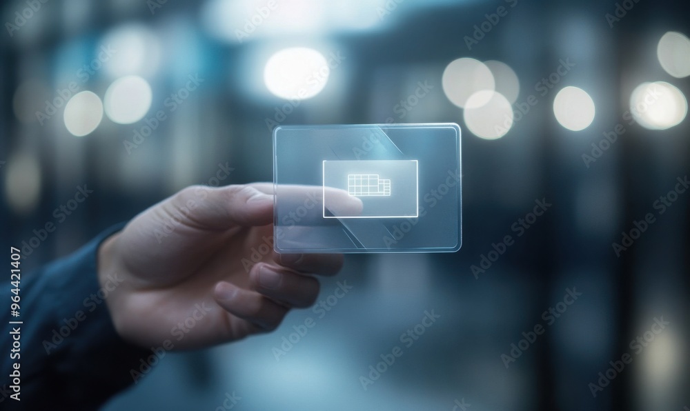 Poster futuristic transparent card held by a hand in a digital environment with abstract bokeh background. 