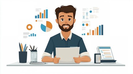 Businessman Working in Office with Charts and Graphics Analysis