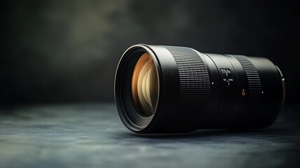 Close-up of a Black Camera Lens on a Dark Surface