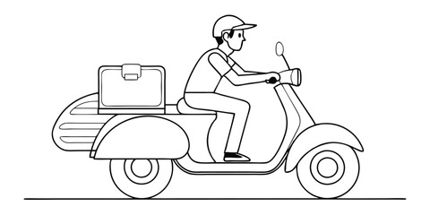 Delivery man riding scooter illustration black and white