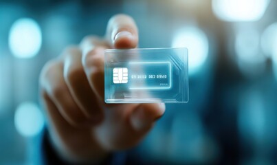 Close-up of a man's hand holding a futuristic transparent card with embedded chip technology against a blurred blue background