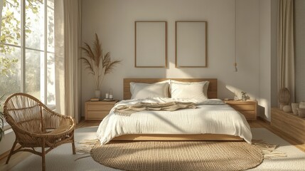 A serene bedroom features a comfortable bed adorned with soft linens, wooden furniture, a cozy chair, and large windows allowing daylight to stream in