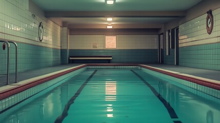 Empty Indoor Swimming Pool with Green Tiles and Calm Water