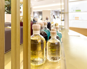 buying make up at cosmetics section in store. choosing cosmetics, perfumes, creams
