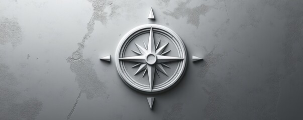 Minimalist compass rose on textured gray wall with north, south, east, west directions symbolizing navigation and exploration