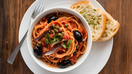 A bowl of spaghetti alla puttanesca with olives, capers, anchovies, and a spicy tomato sauce, served with a slice of garlic bread on a white plate.