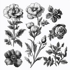set of black and white flowers