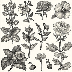 set of black and white flowers