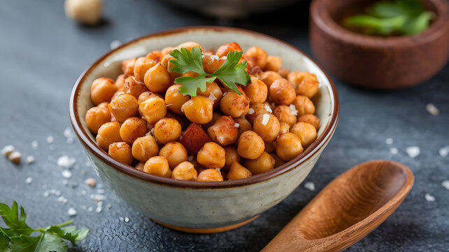 A bowl of roasted chickpeas, seasoned with paprika and sea salt, served in a small ceramic bowl with a sprinkle of parsley.