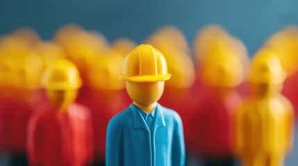 A vibrant close-up of a construction worker figurine among a crowd, symbolizing teamwork and safety in the construction industry.