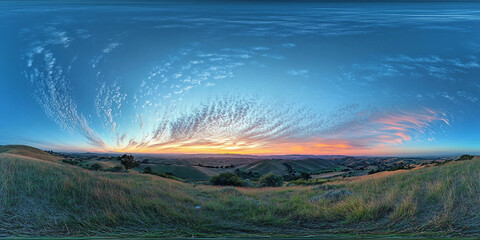Panoramic 360-Degree View of Rolling Hills Under a Stunning Twilight Sky