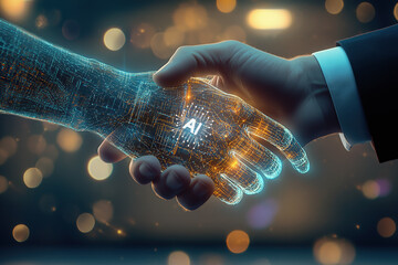Businessman and robot shaking hands. Artificial intelligence robot agreement concept.