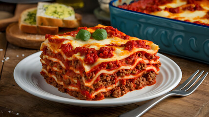 A serving of lasagna with layers of pasta, ricotta cheese, ground beef, and marinara sauce, baked until golden and served with a side of garlic bread.