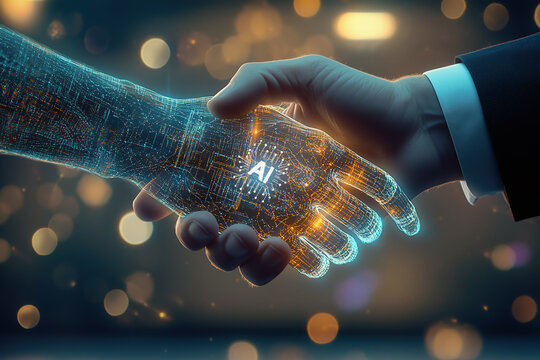 Businessman and robot shaking hands. Artificial intelligence robot agreement concept.
