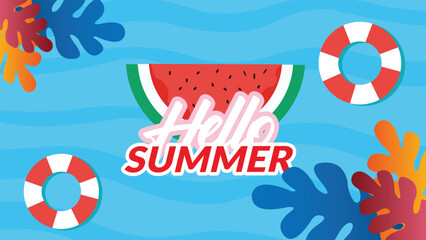 Summer horizontal background with bright abstract tropical plants. Vector banner with monstera leaves, palm trees, tropical flowers. Template for for sale, horizontal poster, cover, social media, othe