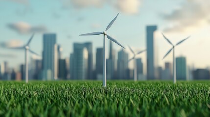 A serene vista of wind turbines on lush grass with a city skyline in the background, symbolizing sustainable energy and urban innovation.
