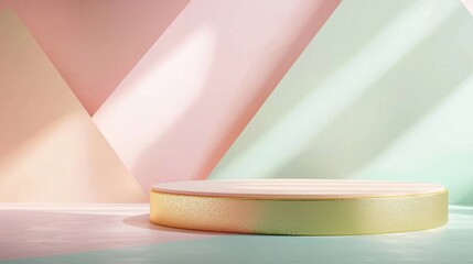 A modern stage with pastel colored walls, perfect for exhibitions or presentations. A minimalist aesthetic and soothing ambiance.