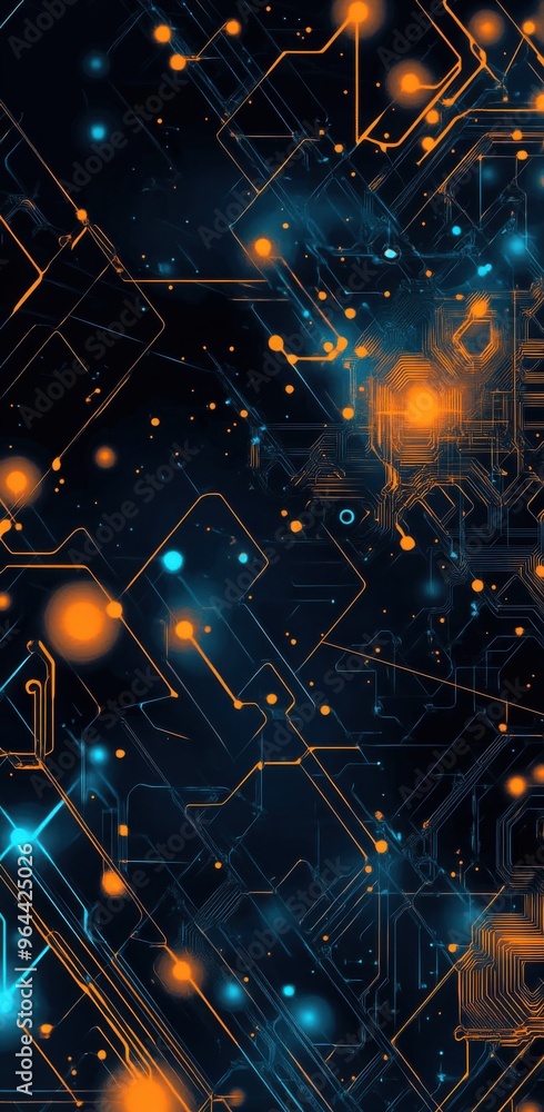 Poster abstract high-tech background with blue and orange neon lines and circuits creating a futuristic dig