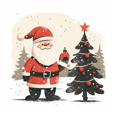 Fototapeta premium Title: Minimalist Woodcut Vector Illustration Featuring Santa Beside a Christmas TreeMinimalist Woodcut Vector Illustration Featuring Santa Beside a Christmas Tree