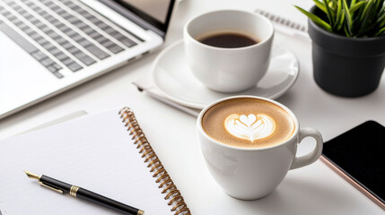 Close-up of a cappuccino with latte art beside a notepad, pen, laptop, and smartphone on a white desk setting