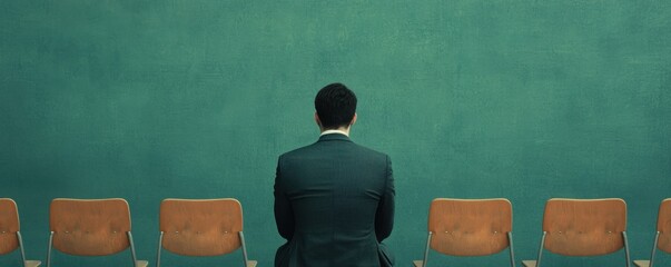 Businessman in a dark suit sitting alone on multiple empty chairs against a plain green wall, emphasizing solitude and introspection symbolizing unemployment, retraining, and support concept