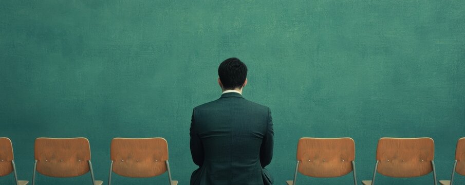 Businessman in a dark suit sitting alone on multiple empty chairs against a plain green wall, emphasizing solitude and introspection symbolizing unemployment, retraining, and support concept